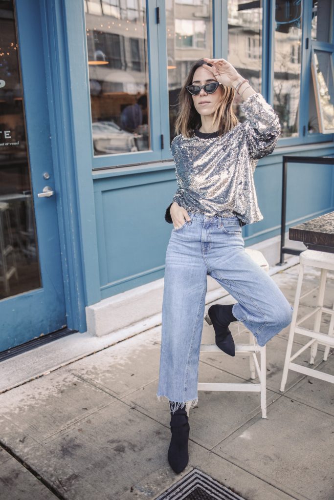 Blogger Sportsanista wearing Something Navy Casual Sequins Sweatshirt and Topshop Crop Wide Leg Jeans
