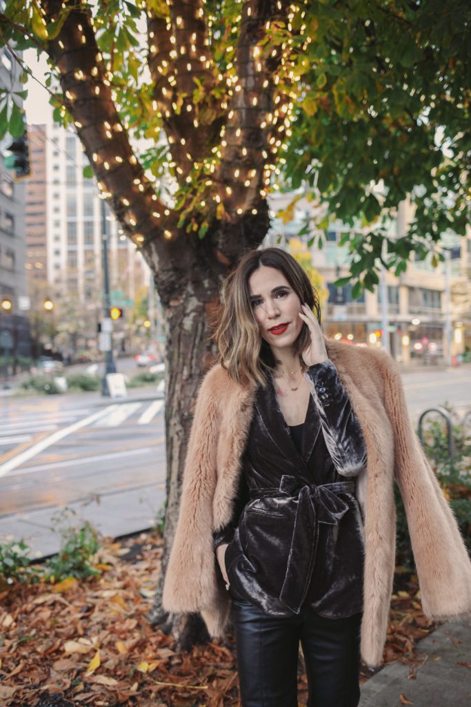 Blogger Sportsanista wearing Ann Taylor Velvet Belted Blazer and Faux Fur Coat