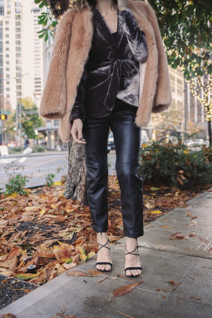 Blogger Sportsanista wearing Ann Taylor Velvet Belted Blazer and H&M Faux Leather Leggings