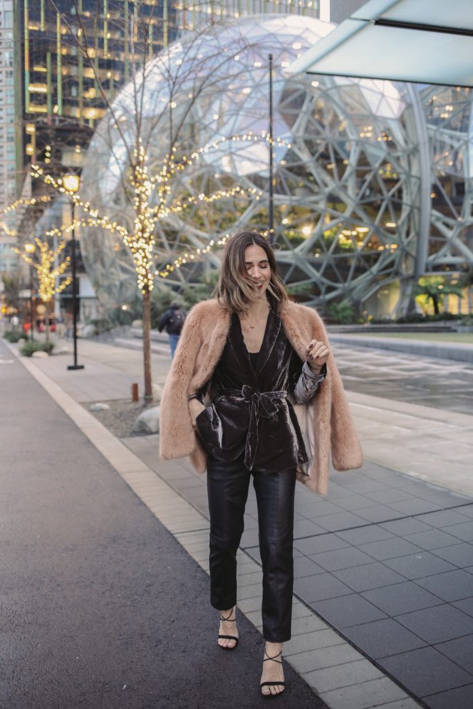 Blogger Sportsanista wearing Ann Taylor Velvet Belted Blazer and Faux Fur Coat