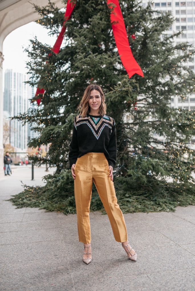 Seattle Fashion Blogger wearing Clean Peg Satin Trousers and Sequin Yoke Fair Isle Sweater