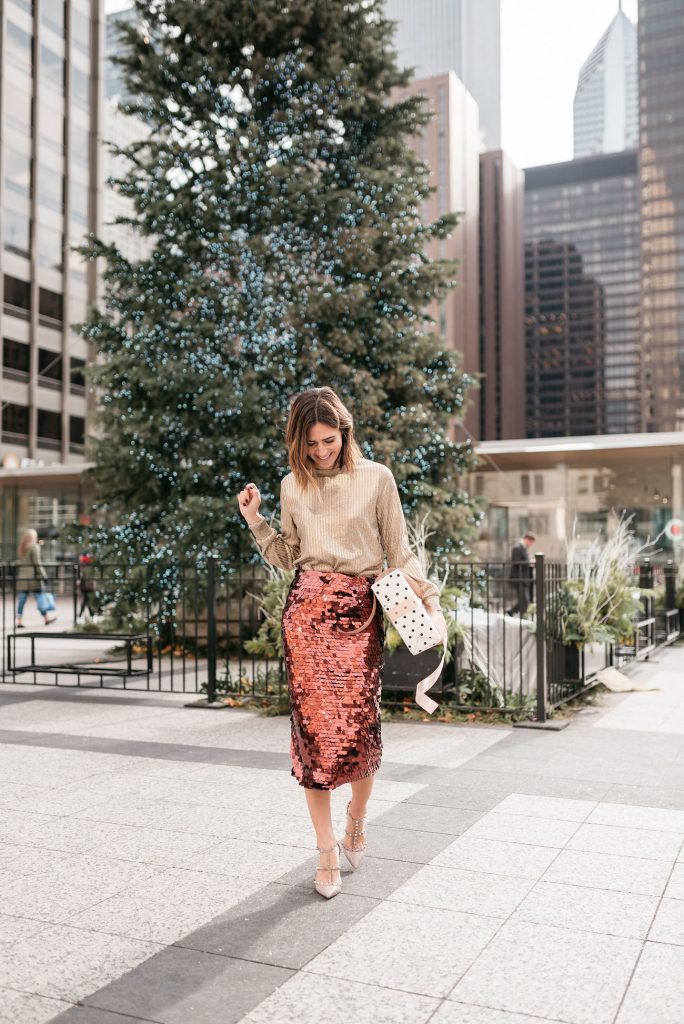 Seattle Fashion Blogger wearing Who What Wear Long Sleeve Metallic Pullover and Halogen Sequin Skirt