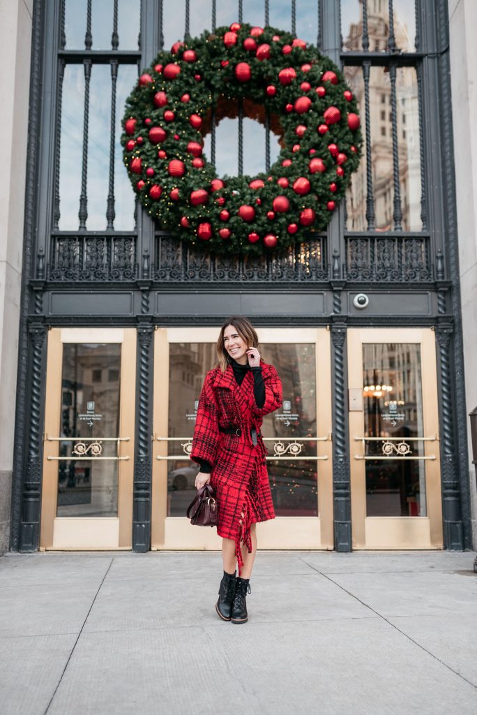 Blogger Mary Krosnjar wearing Treasure and Bond Plaid Fringe Cardigan and Naturalizer Combat Boots