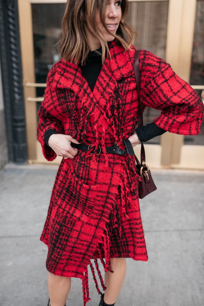 Blogger Mary Krosnjar wearing Treasure and Bond Plaid Fringe Cardigan and Overland Turtleneck