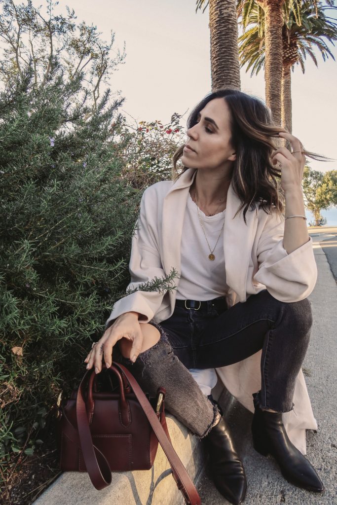 Blogger Mary Krosnjar wearing Leith Open Front Midi Coat and Everlane Cotton Crew