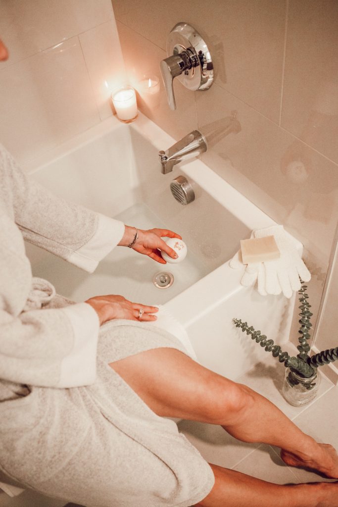 Blogger Sportsanista wearing Natori Nirvana Robe Women and Earth Luxe Eucalyptus Bath Bomb