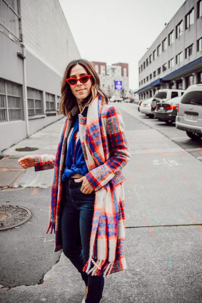 Blogger Sportsanista wearing Plaid Double Breasted Coat, Red Cat Eye Sunglasses and New England Patriots Vintage Jersey