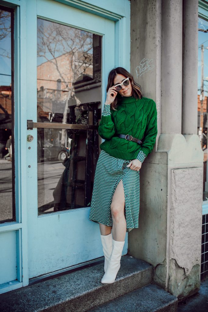 Blogger Sportsanista adding color to my winter wardrobe and H&M green cable knit sweater 