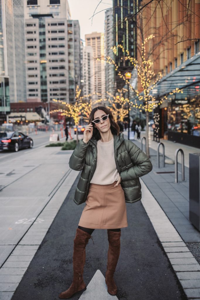Blogger Sportsanista wearing The ReNew Fleece Sweatshirt and Dolce Vita Over The Knee Suede Boots