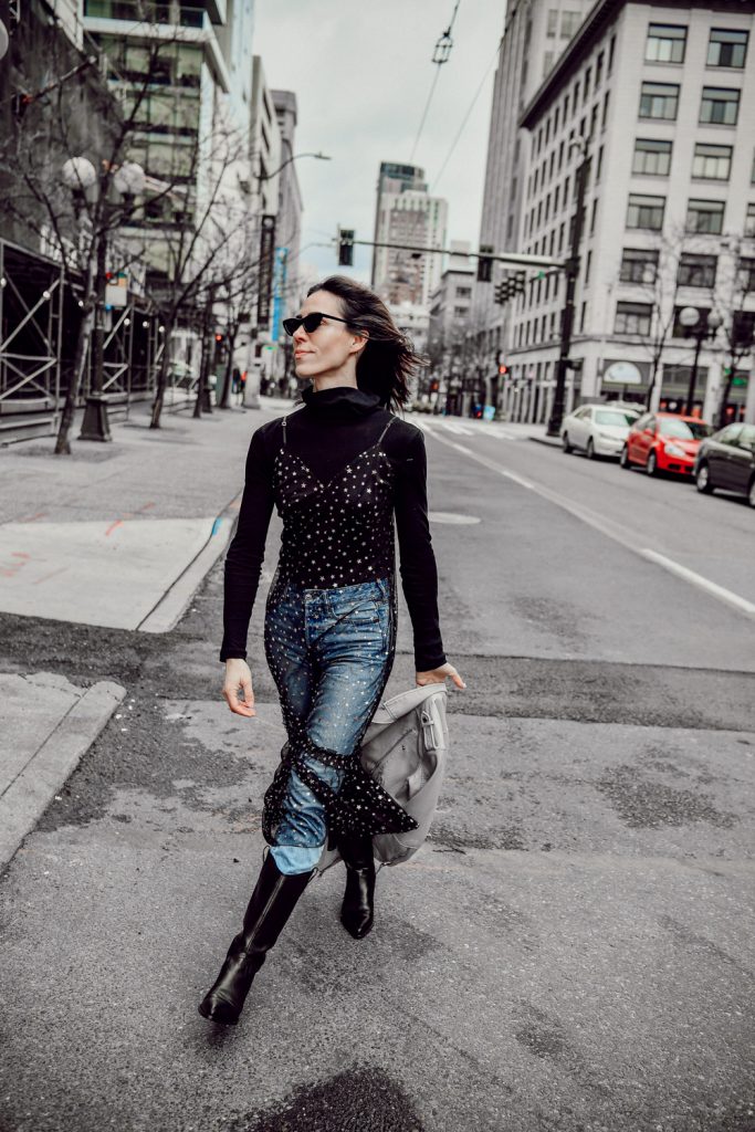 Blogger Sportsanista wearing Chelsea28 Glitter Star Sheer Full Slip and Everlane The Pima Micro Rib Turtleneck