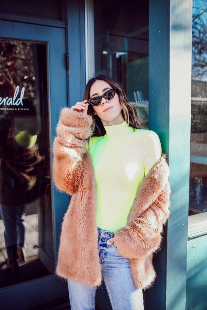 Seattle Fashion Blogger Sportsanista wearing Neon Turtleneck and Faux Fur Coat