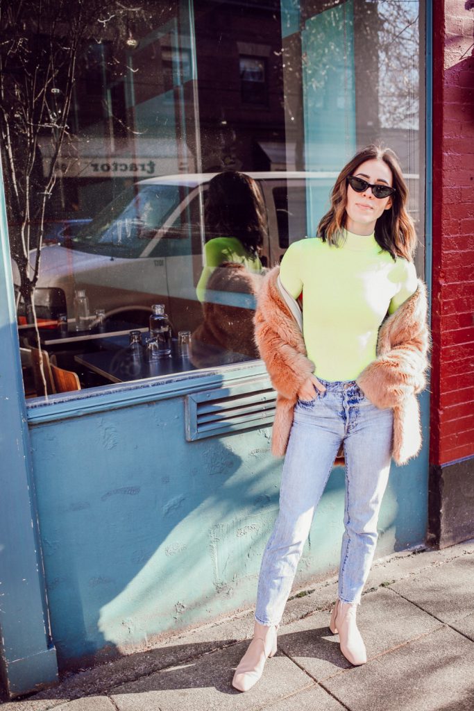 Seattle Fashion Blogger SHEIN Neon Lime Turtleneck and BB Dakota Love You Furever Faux Fur Coat