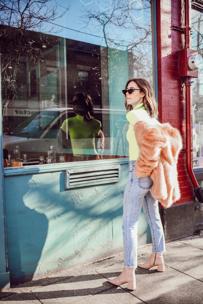 Seattle Fashion Blogger Sportsanista wearing Shein Neon Turtleneck and Topshop Raw Hem Straight Leg Jeans