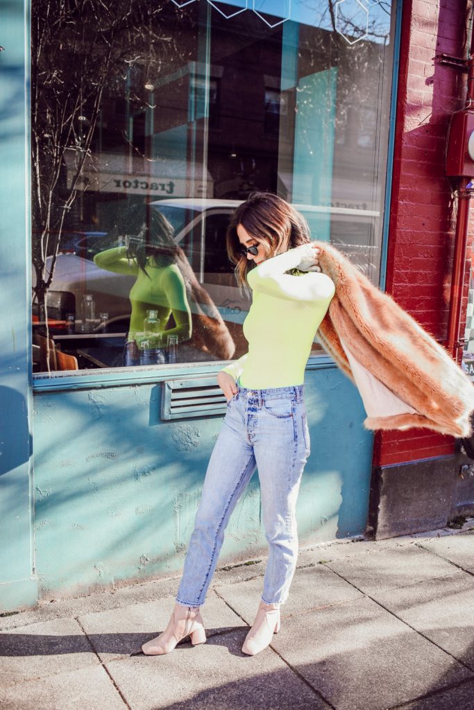 Seattle Fashion Blogger Sportsanista wearing SHEIN Neon Turtleneck and Topshop Raw Hem Straight Leg Jeans