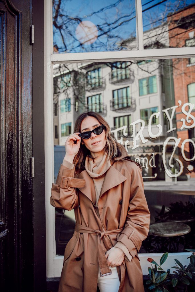 Seattle Fashion Blogger wearing Black Cat Eye Sunglasses and $35 Trenchcoat