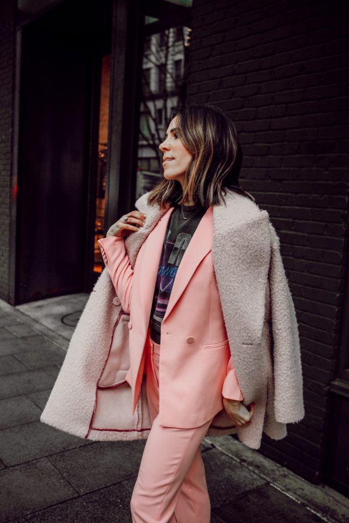 Seattle Fashion Blogger Sportsanista Kensie Faux Fur Teddy Bear Coat and H&M Pink Blazer 