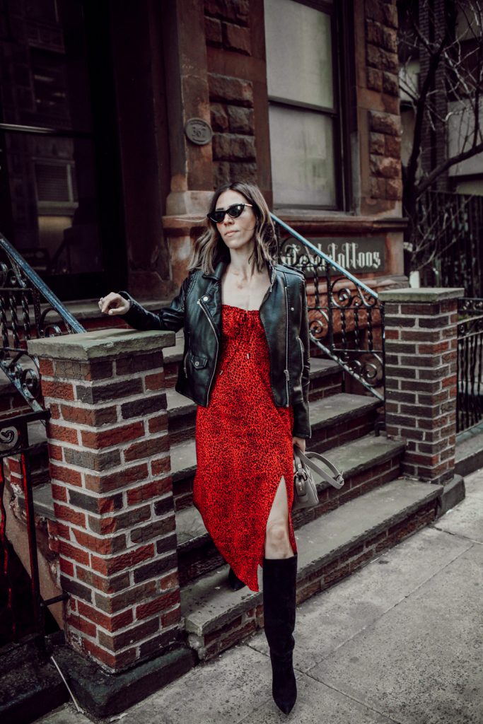 Seattle Fashion Blogger Sportsanista wearing AFRM Midi Dress and Kate Spade Over the Knee Suede Boots