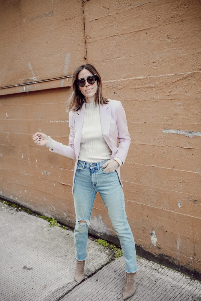 Seattle Fashion Blogger Sportsanista wearing BCBGMAXAZRIA Women's Ava Bootie Ankle Boot and H&M Double Breasted Lilac Coat