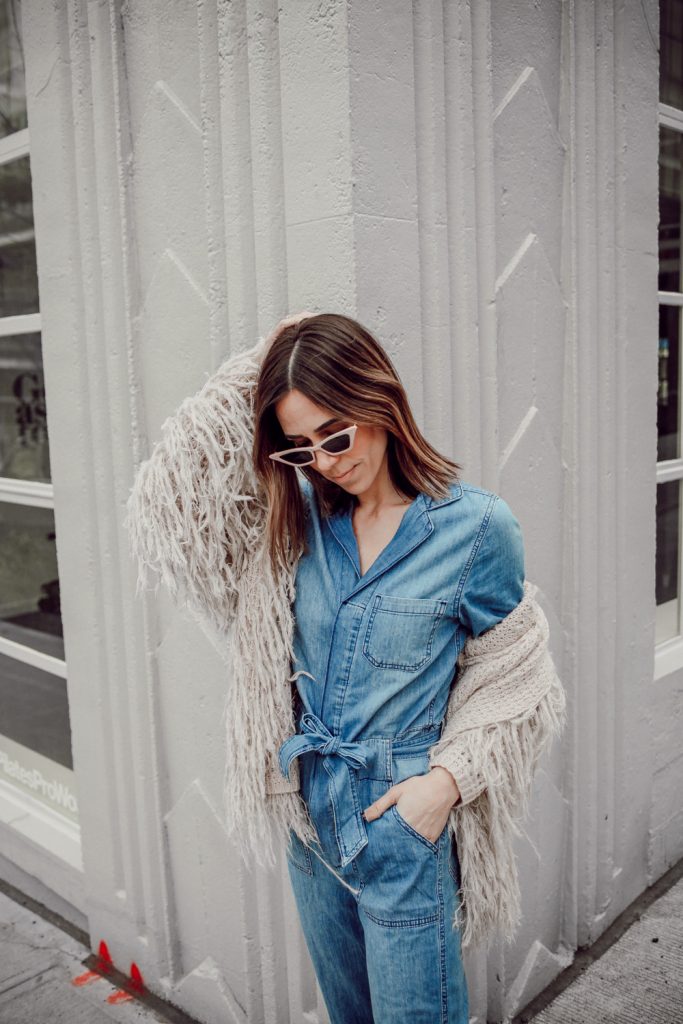 Seattle Fashion Blogger Sportsanista wearing H&M Denim Overalls and Womens Open Front Faux Fur Coat Vintage Parka Shaggy Jacket Cardigan