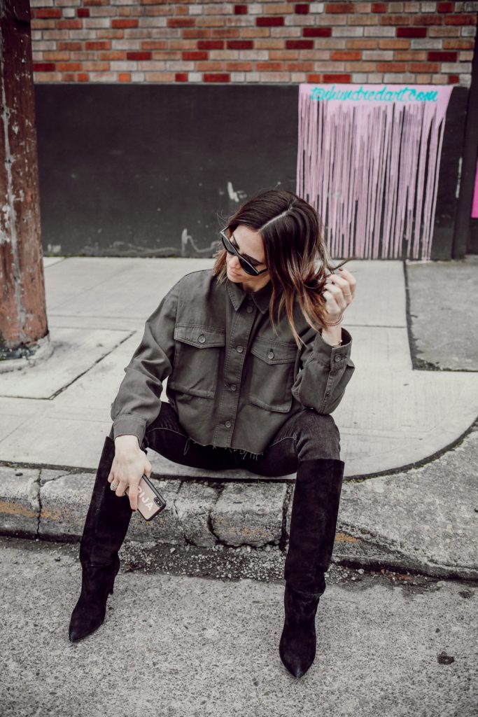 Seattle Fashion Blogger Mary Krosnjar wearing the best $10 sunglasses from Amazon and Express suede slouchy boots
