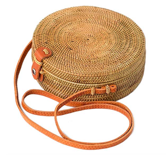 Bali Harvest Round Woven Ata Rattan Bag Linen Inside and Leather Button