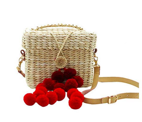 Womens Straw Handbag Handmade Mini Crossbody Bag with Plush Ball