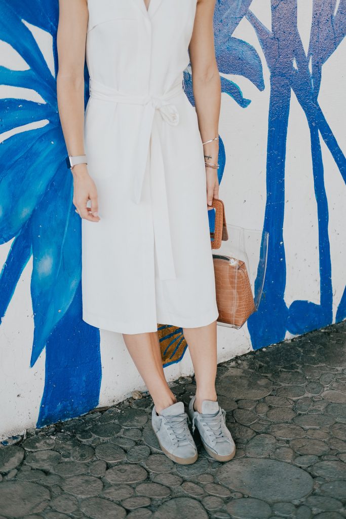 Seattle Fashion Blogger Sportsanista wearing Golden Goose Superstar Sneakers and Banana Republic Tencel White Trench Dress