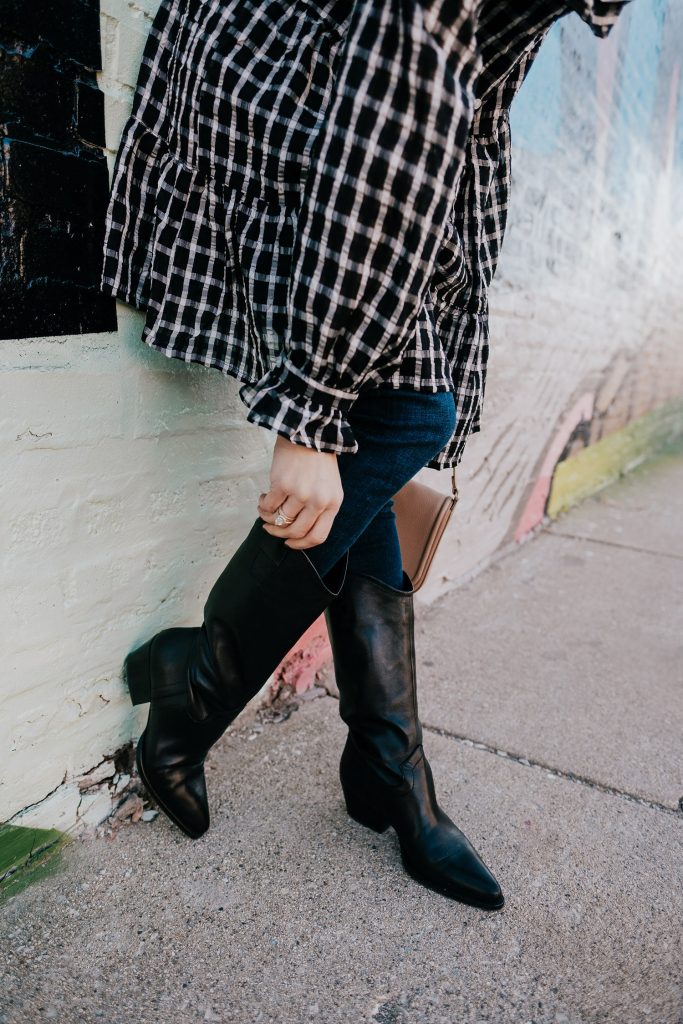 Seattle Fashion Blogger wearing Zara Western Boots with J Brand High Rise Maria Skinny Jeans in Bluebird