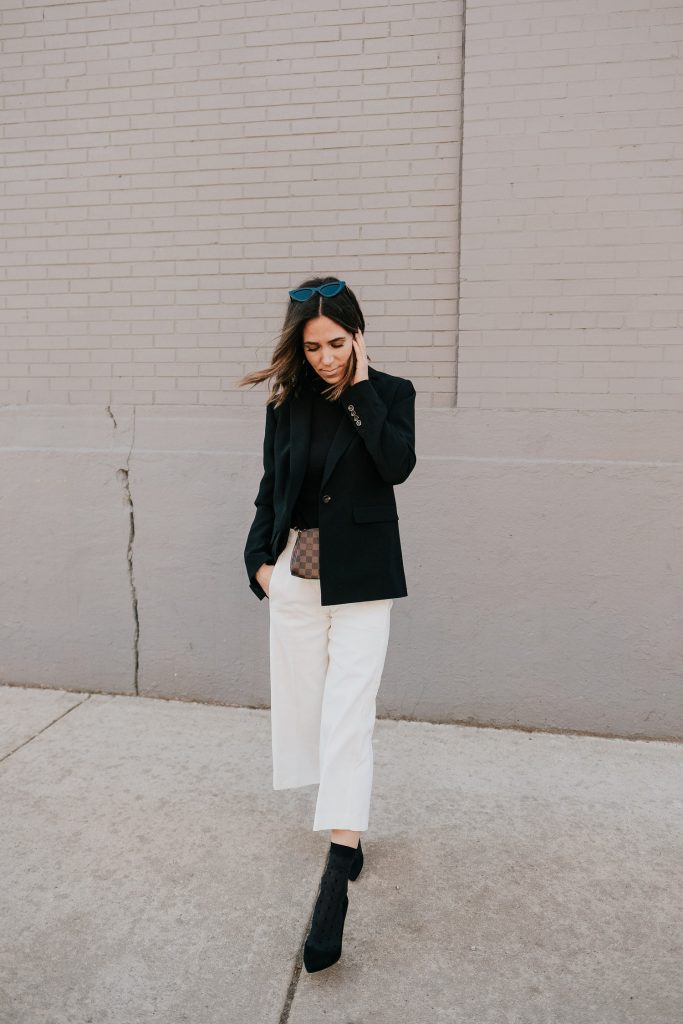 Seattle Fashion Blogger Sportsanista wearing Black Blazer, White Wide leg pants and black suede pumps