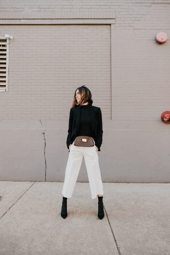 Seattle Fashion Blogger Sportsanista wearing Long Black Blazer with Black Mock Neck Sweater Shell