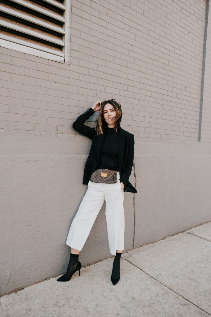 Seattle Fashion Blogger Sportsanista wearing Ann Taylor Long Black Blazer and Ann Taylor White Wide Leg Marina Pant