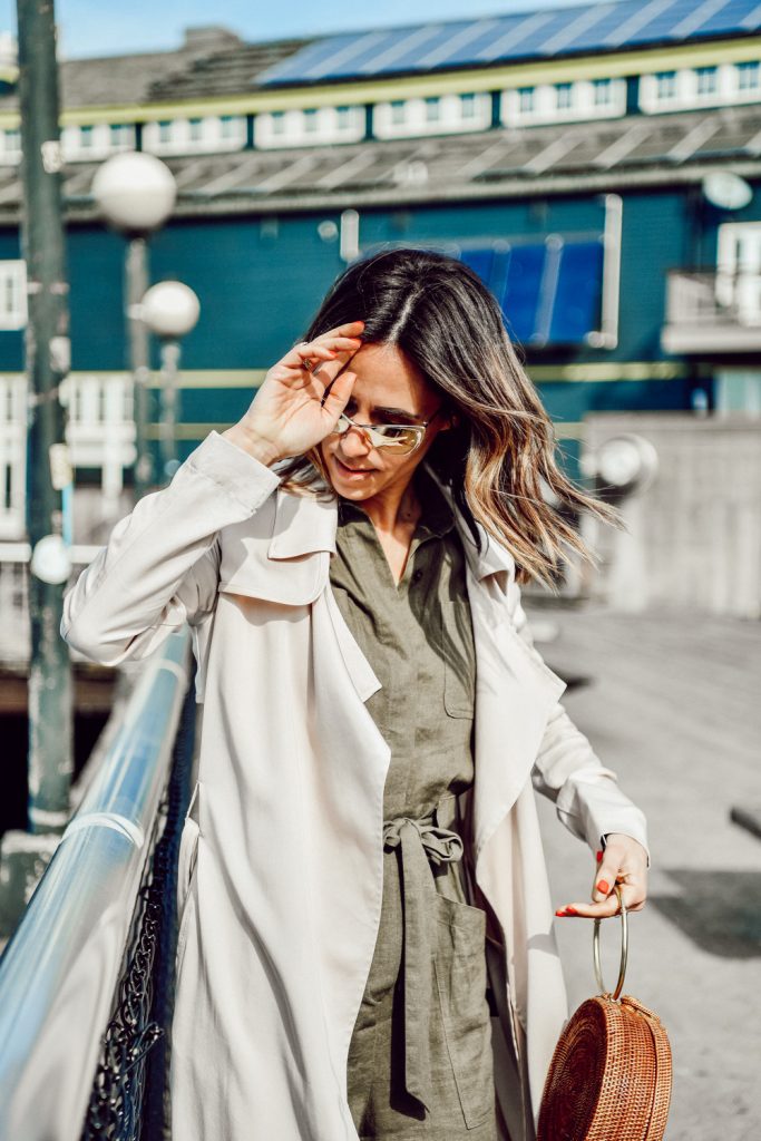 Seattle Fashion Blogger Sportsanista wearing Badgley Mischka Faux Leather Trim Long Trench Coat and H&M Cargo Jumpsuit