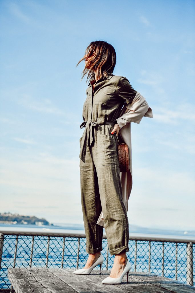 Seattle Fashion Blogger Sportsanista wearing H&M Cargo Jumpsuit and Banana Republic Madison 12 hour Pump