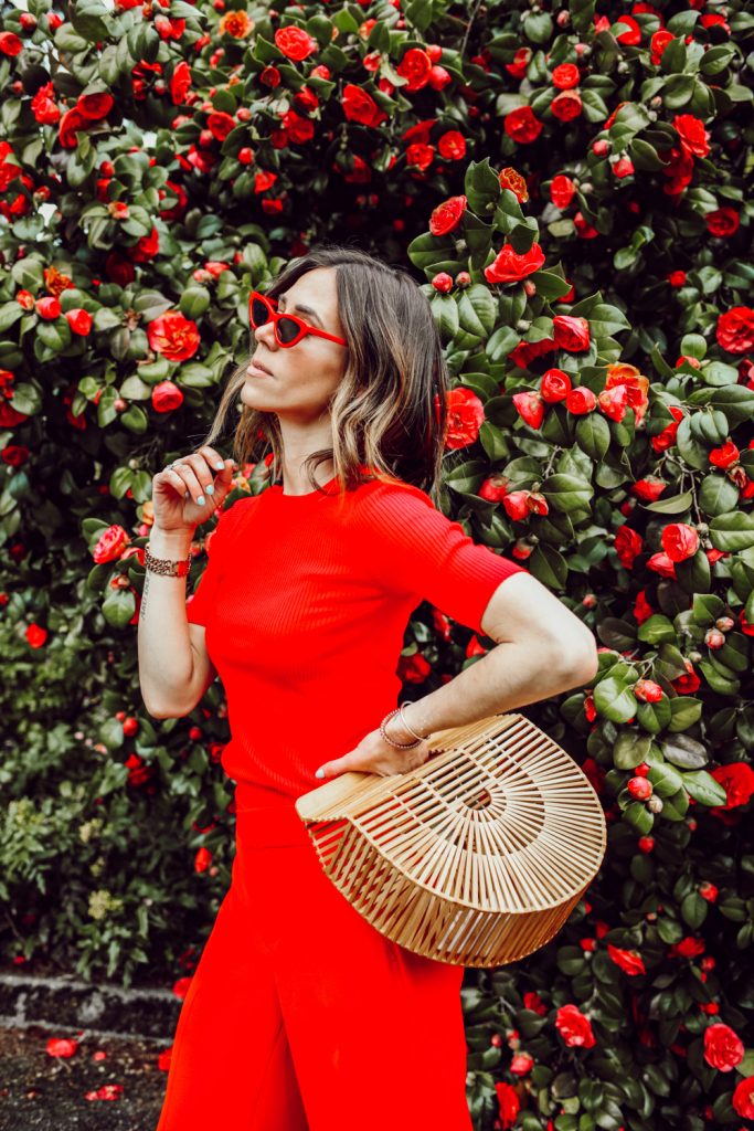 Seattle Fashion Blogger wearing Red Cat Eye Sunglasses and Bamboo Bag 