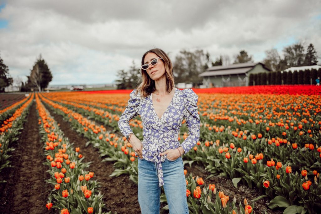 Seattle Fashion Blogger Sportsanista wearing ASTR the Label Puff Sleeve Floral Wrap Top and ASOS DESIGN cat eye sunglasses with square frame