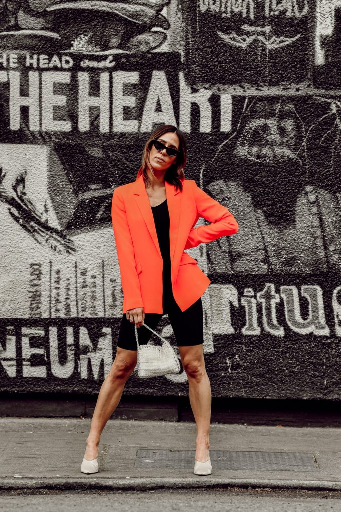 Seattle Fashion Blogger Sportsanista wearing Bardot Duchess Open Blazer and Sunset & Spring High-Rise Biker Shorts