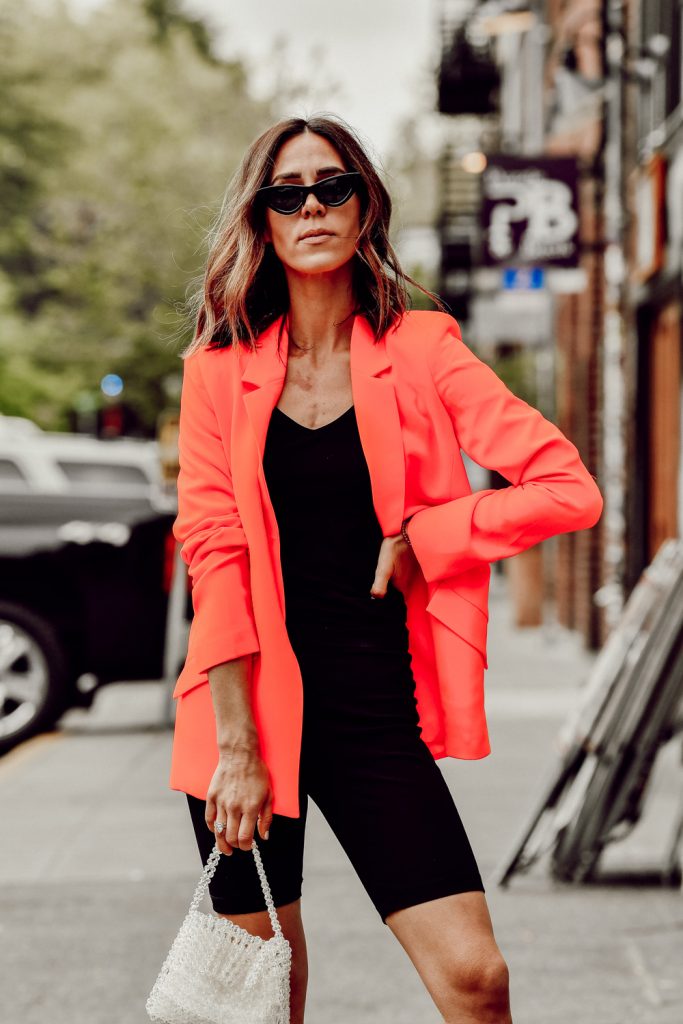 Seattle Fashion Blogger Sportsanista wearing Orange Bardot Duchess Open Blazer and Black Cat Eye Sunglasses