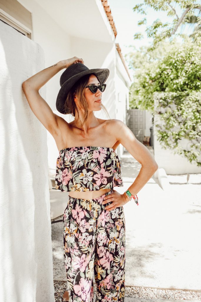 Seattle Fashion Blogger Sportsanista wearing Floral Twin Set and Madewell Packable Mesa Straw Hat. Palm Springs outfit