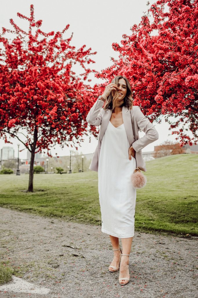 Seattle Fashion Blogger Sportsanista wearing white slip dress 
