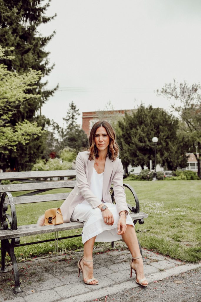 Seattle Fashion Blogger wearing Everlane The Japanese GoWeave Long Slip Dress and Mango Double-breasted blazer 