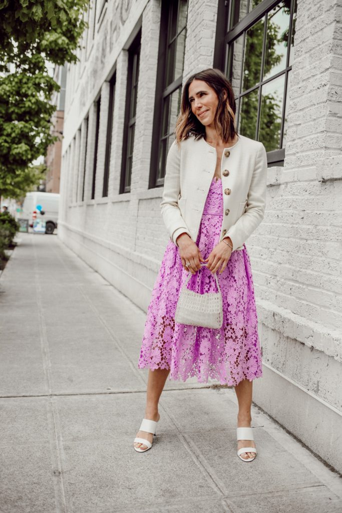 Seattle Fashion Blogger Sportsanista wearing Mother's Day Look with Donna Morgan Women's Chemical Lace Spaghetti Strap Midi Dress and Sam Edelman Violet Mini Bag