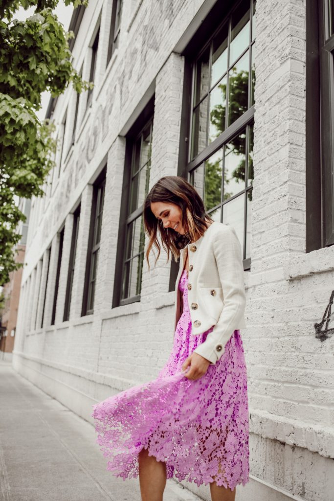 Seattle Fashion Blogger wearing Mother's Day look with Donna Morgan Women's Chemical Lace Spaghetti Strap Midi Dress and Burberry Cropped jacket