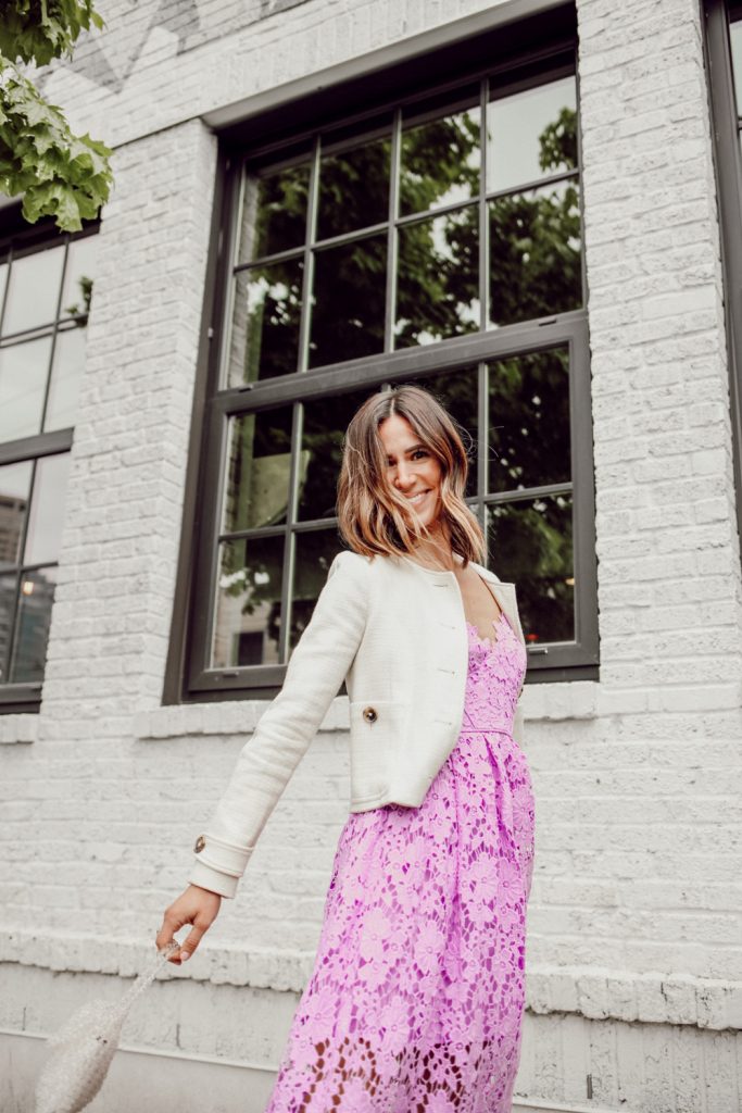 Seattle Fashion Blogger wearing Donna Morgan Women's Chemical Lace Spaghetti Strap Midi Dress and Sam Edelman Violet Mini Bag 