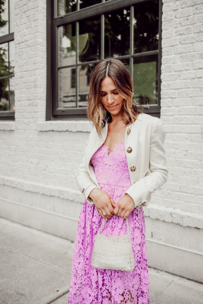 Seattle Fashion Blogger Sportsanista wearing Donna Morgan Women's Chemical Lace Spaghetti Strap Midi Dress and Burberry Cropped Jacket 