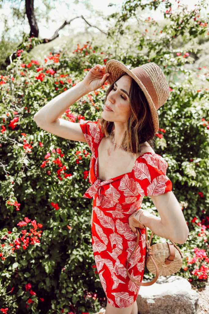 Seattle Fashion Blogger wearing J.O.A. Red Tropical Mini Dress at Loews Ventana Canyon 
