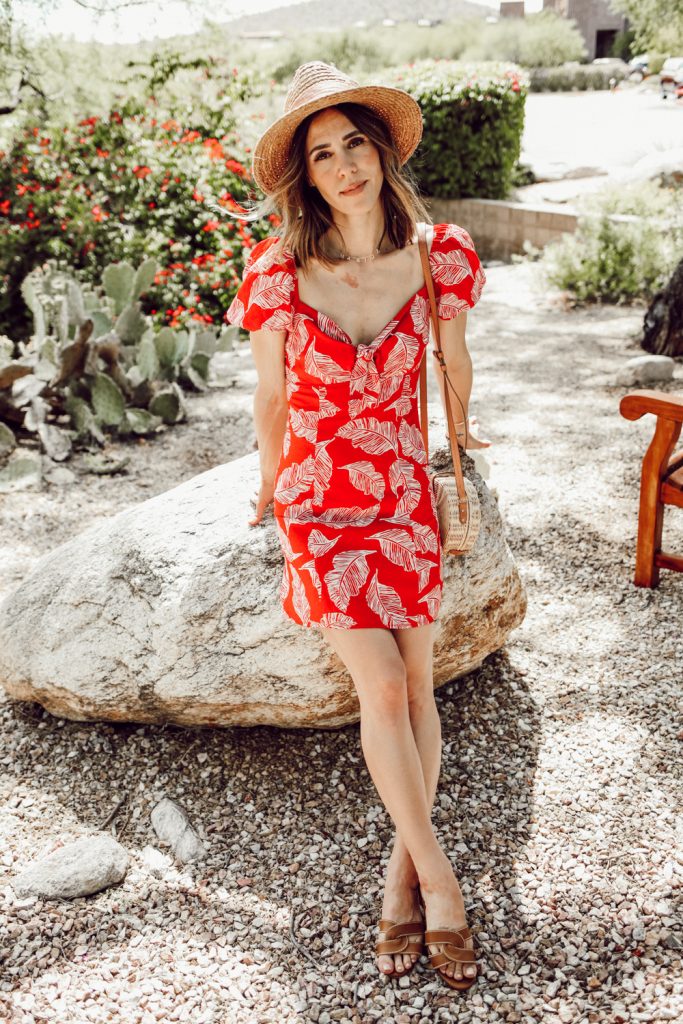 Seattle Fashion Blogger Sportsanista wearing J.O.A. Red Tropical Mini Dress