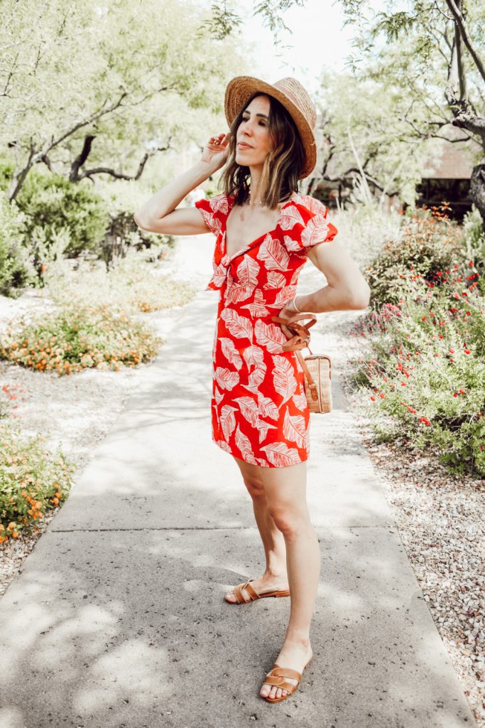 Seattle Fashion Blogger Sportsanista J.O.A. Red Tropical Mini Dress and Kaanas Santorini Infinity Sandals