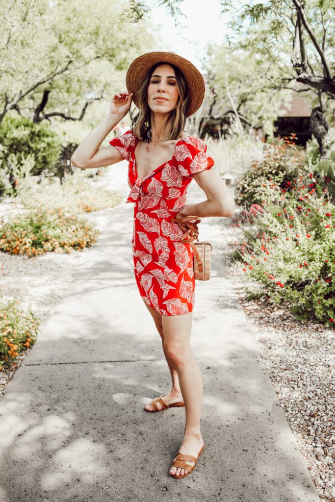 Seattle Fashion Blogger Sportsanista wearing J.O.A. Red Tropical Mini Dress and Kaanas Santorini Infinity Sandals
