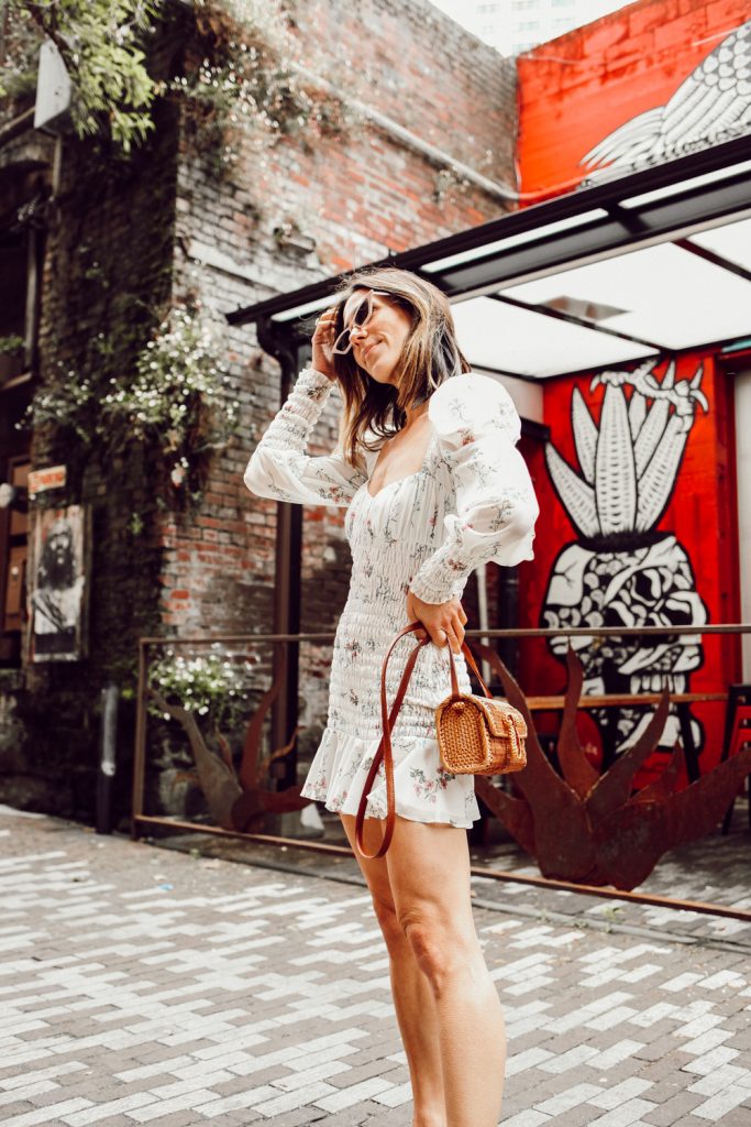 Seattle Fashion Blogger Sportsanista wearing For Love and Lemons Dixon Mini Dress with Rattan Woven Crossbody Bag