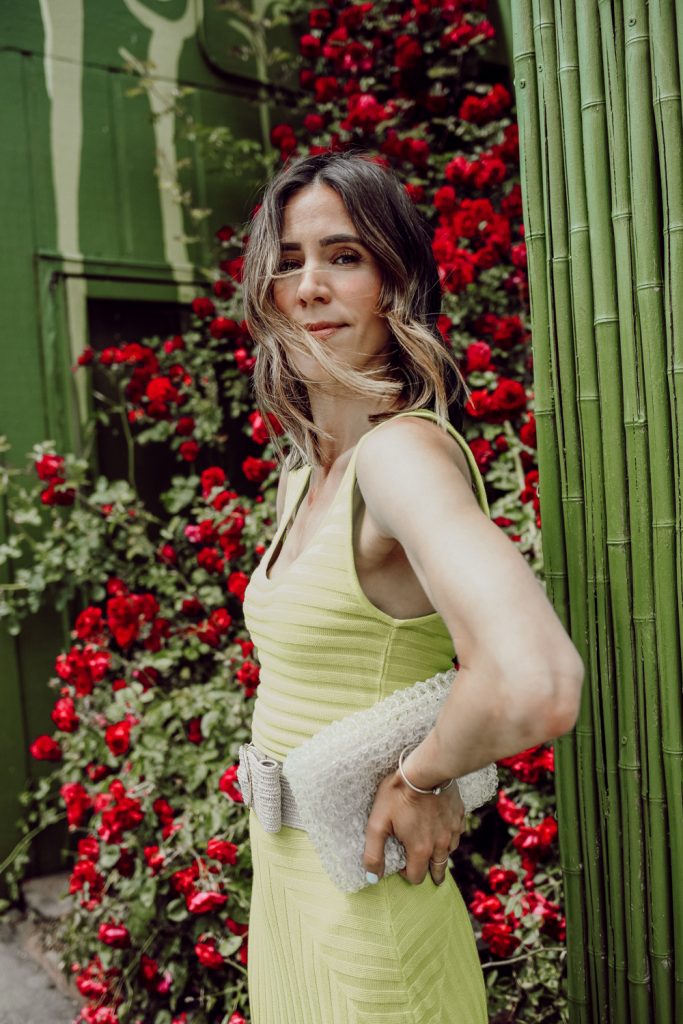 Seattle Fashion Blogger Sportsanista wearing lime neon knit dress and beaded bag for summer